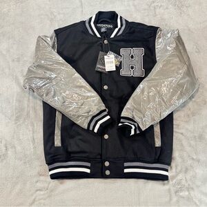 NWT Kayden.K In Plastic H Embroidered Varsity Jacket Size Large Black And Gray🔥